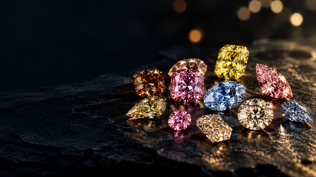Fancy Color Diamonds in Pink, Gelb, Blau und Cognac (Symbolbild, KI-generiert)