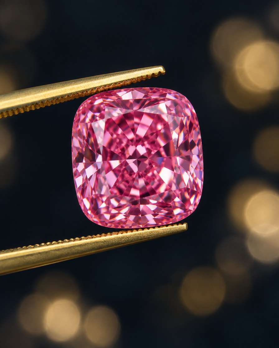 Pinkfarbener Diamant in goldener Pinzette (Symbolbild, KI-generiert)